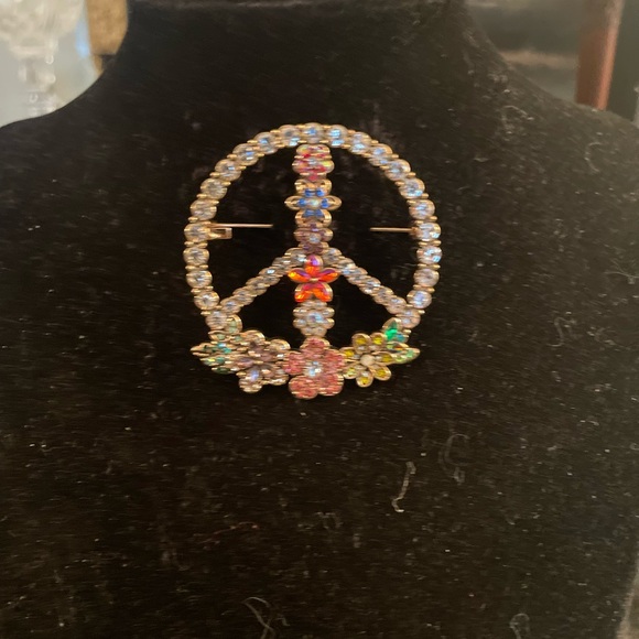 Rhinestone PEACE SIGN Brooch Crystal Flowers Peace Flower Power Sparkling - Picture 3 of 6